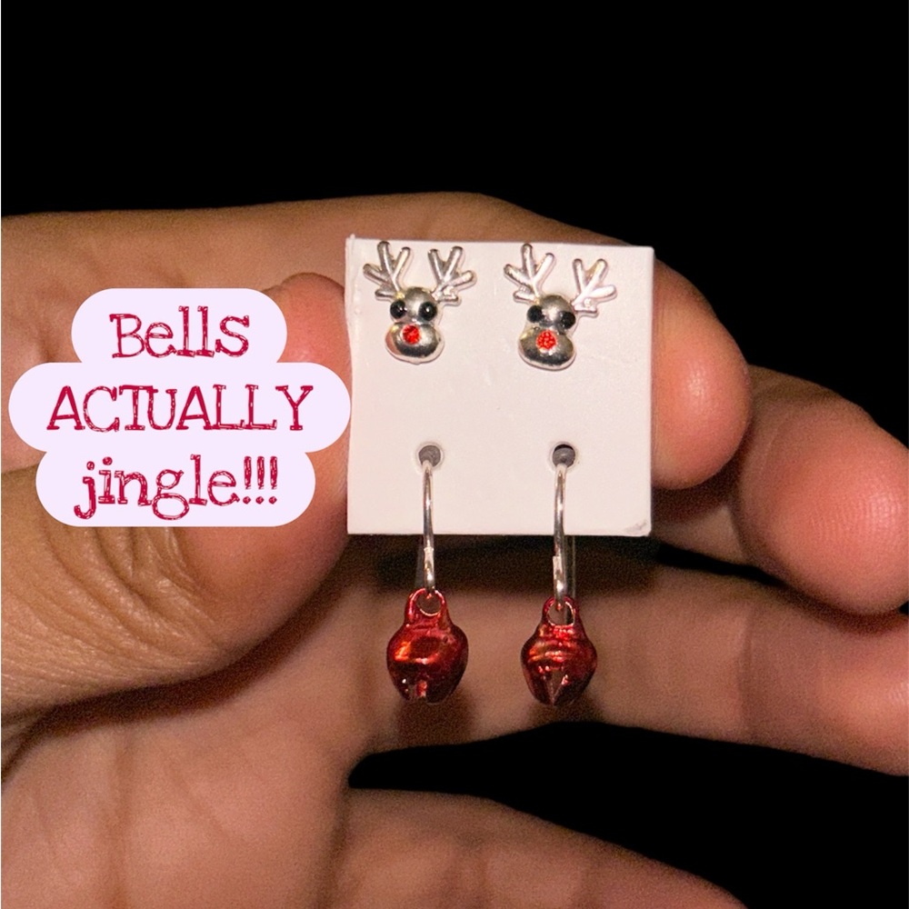 Reindeer Jingle Bell Earrings - Silver and Red